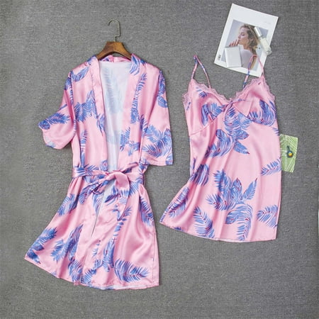 

Fatuov Womens Lingerie Sets Women Two Piece Lingerie Set Silk Satin Printed Temptation Babydoll Underwear Sleepwear Camisole Nightdress + Nightgown Robe Suit On Clearance