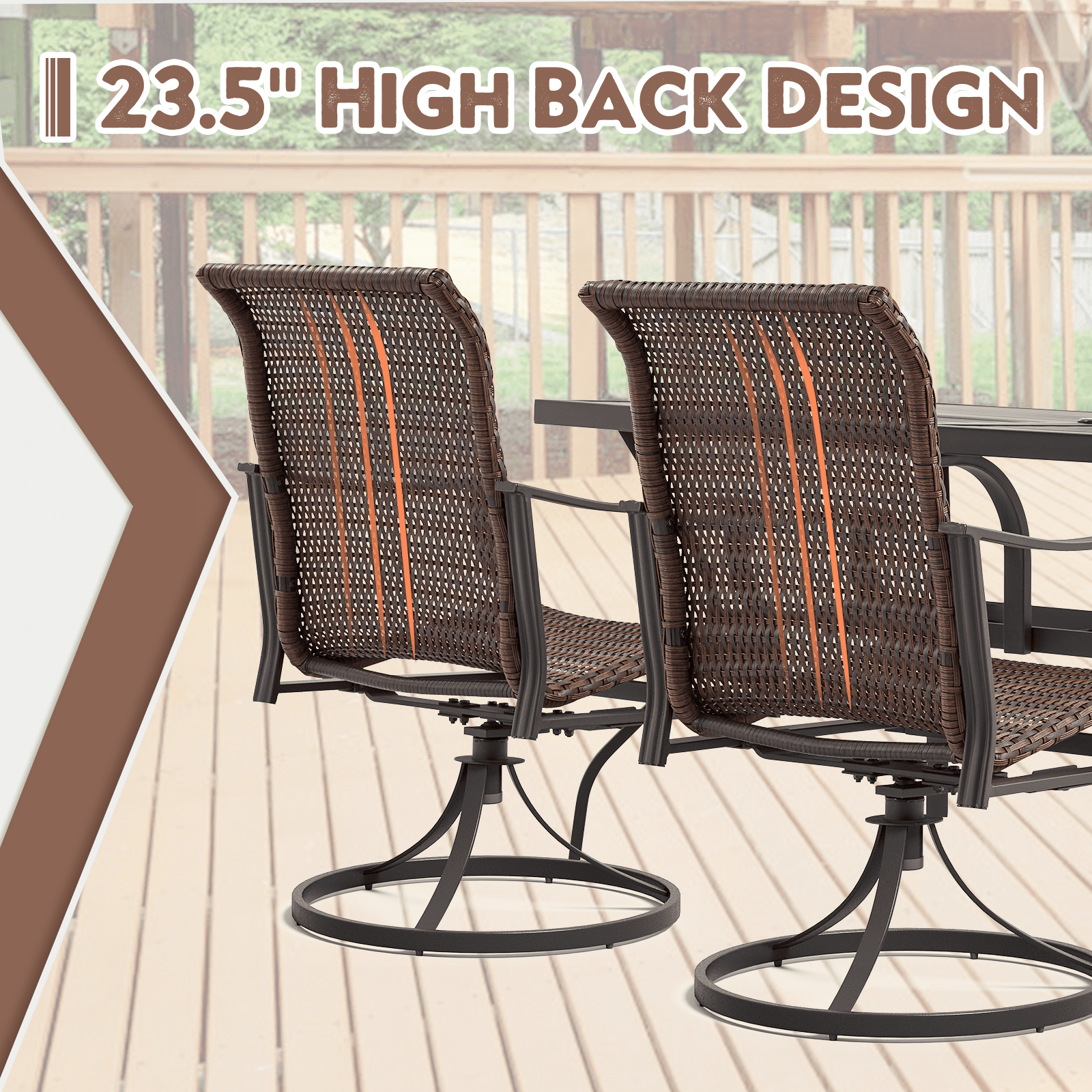 MELLCOM Patio Wicker Swivel Chair Set of 2, Heavy Duty Outdoor Dining Chairs with 23.5'' High Back, Extra-Large Water-Fall Seat, Rattan Porch Chair Gentle Rocker for Outside