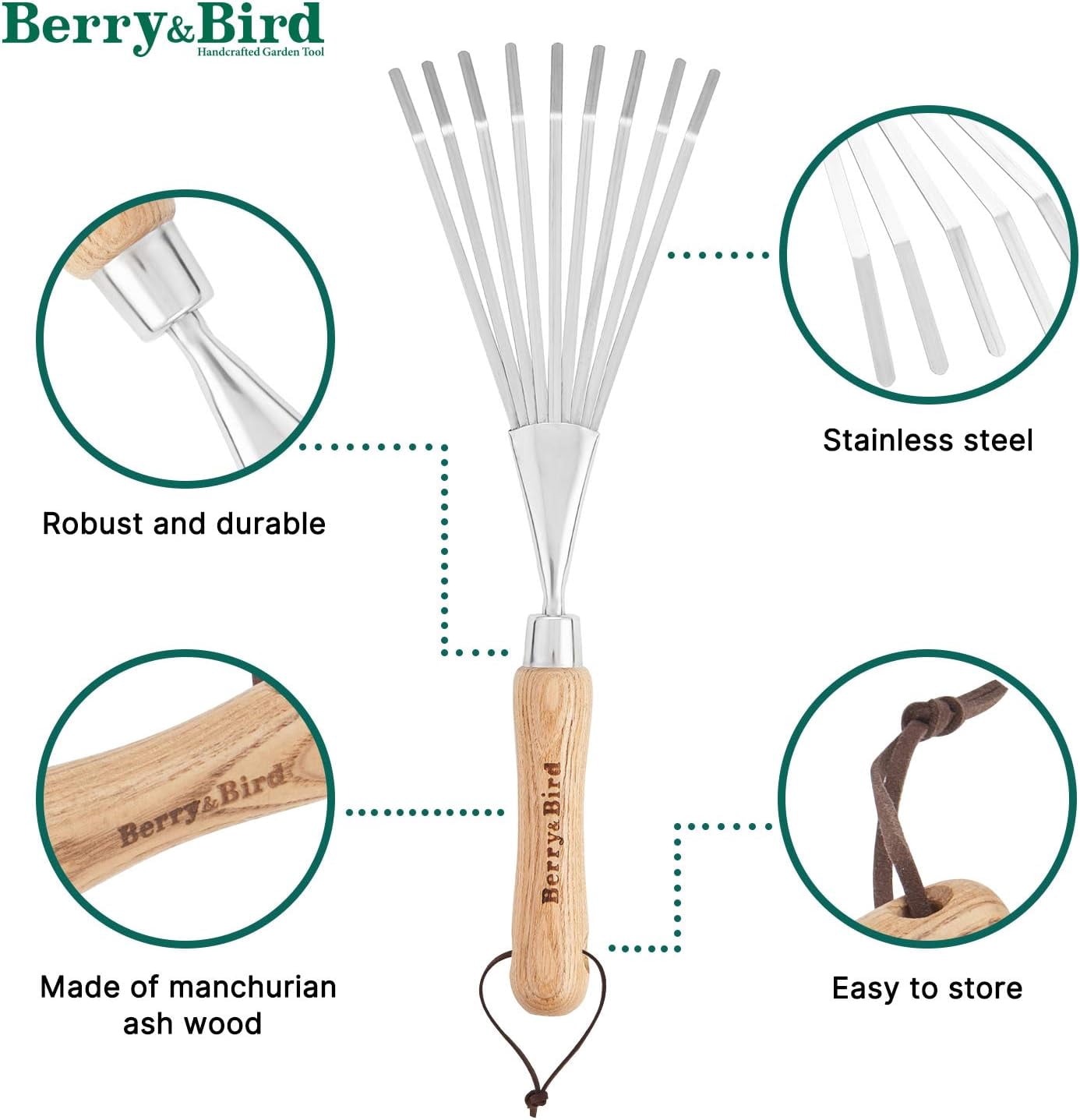 Gardening Hand Shrub Rake, 14.7" Stainless Steel Grass Rake, 9 Tines Fan Lawn Leaf with Ergonomic Wooden Handle, Small Hand Rake for Sweep Leaves & Loose Debris in Garden, Lawns and Yards
