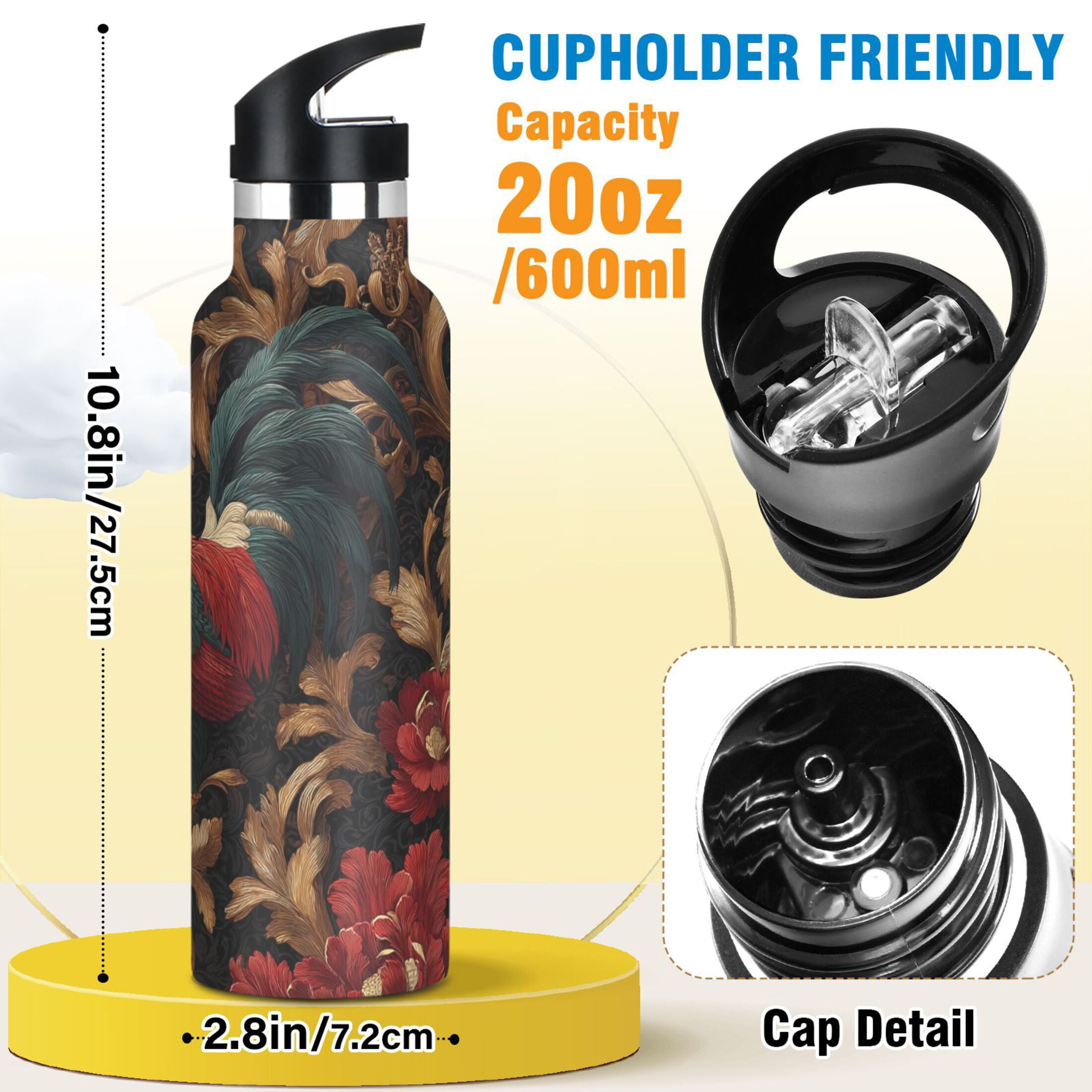 600ML Stainless Steel Insulated Cup Sports Water Bottle Portable Thermos Cup Water Glasses Insulated Tumblers Convenient and Durable Beautiful Big Rooster