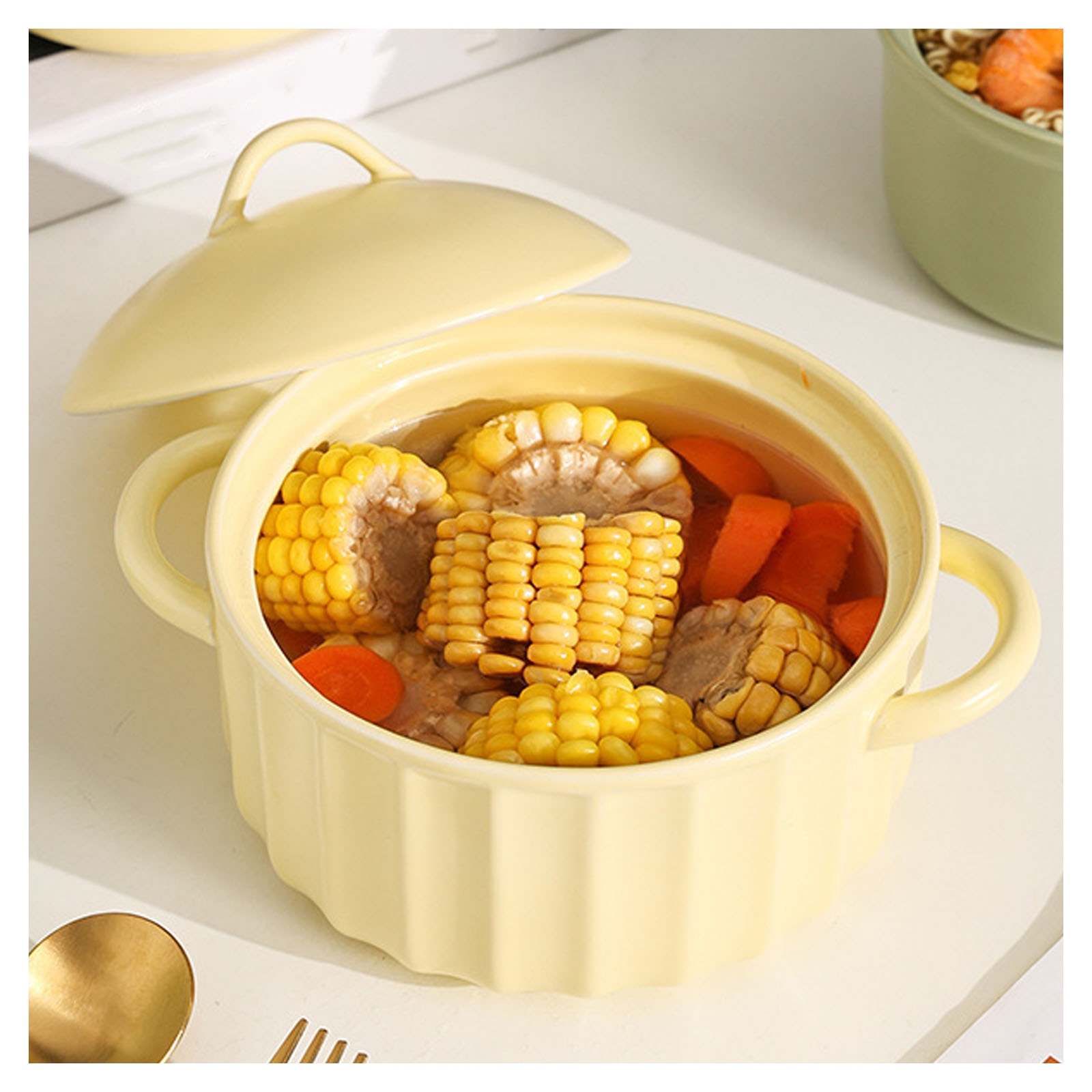 Ceramic pot with lid, soup bowls with handle, instant noodle bowl, large ramen bowl, home decoration, serving tureen, large capacity for kitchen