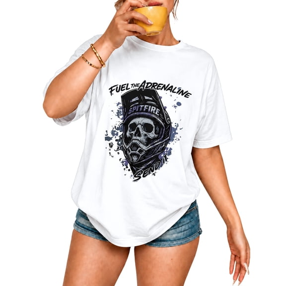 Women's Graphic T Shirt White Short Sleeve Crew Neck Casual Loose Fit Tee with Skull Motorcycle Print