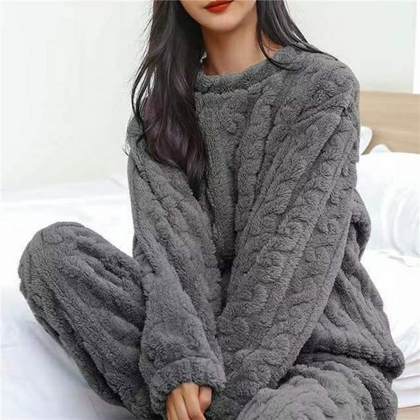 Women Fleece Pajamas Set Winter Sleepwear Solid Velvet 2 Piece