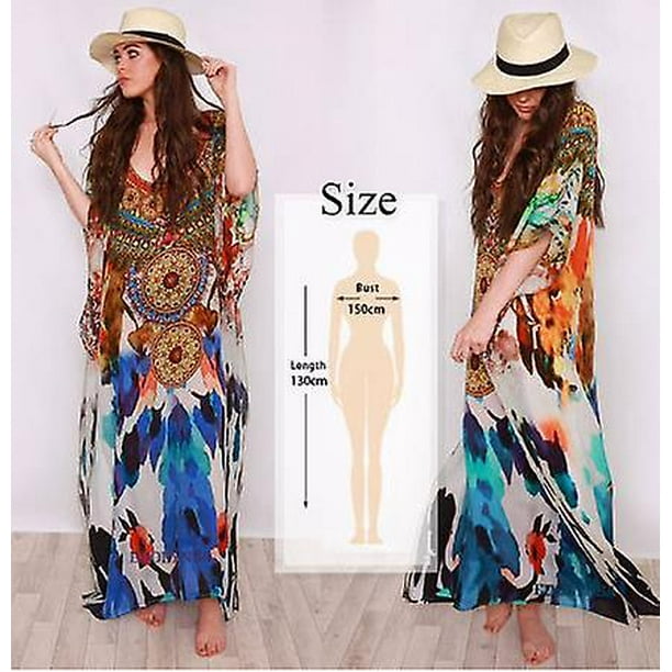 2022 Moroccan Kaftan Bohemian Printed Summer Dress Long Tunic Women Plus Size Beach Wear Swim Suit Cover Up Robe De Plagea 1 Walmart