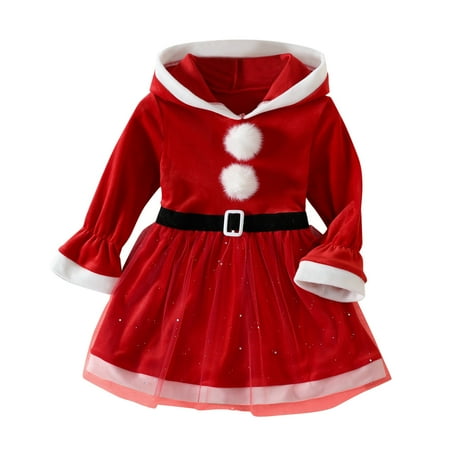 

ZMHEGW Cute Kids Dresses Toddler Long Sleeve Christmas Hooded Fleece Tulle Princess Christmas Dress For Toddler Girls