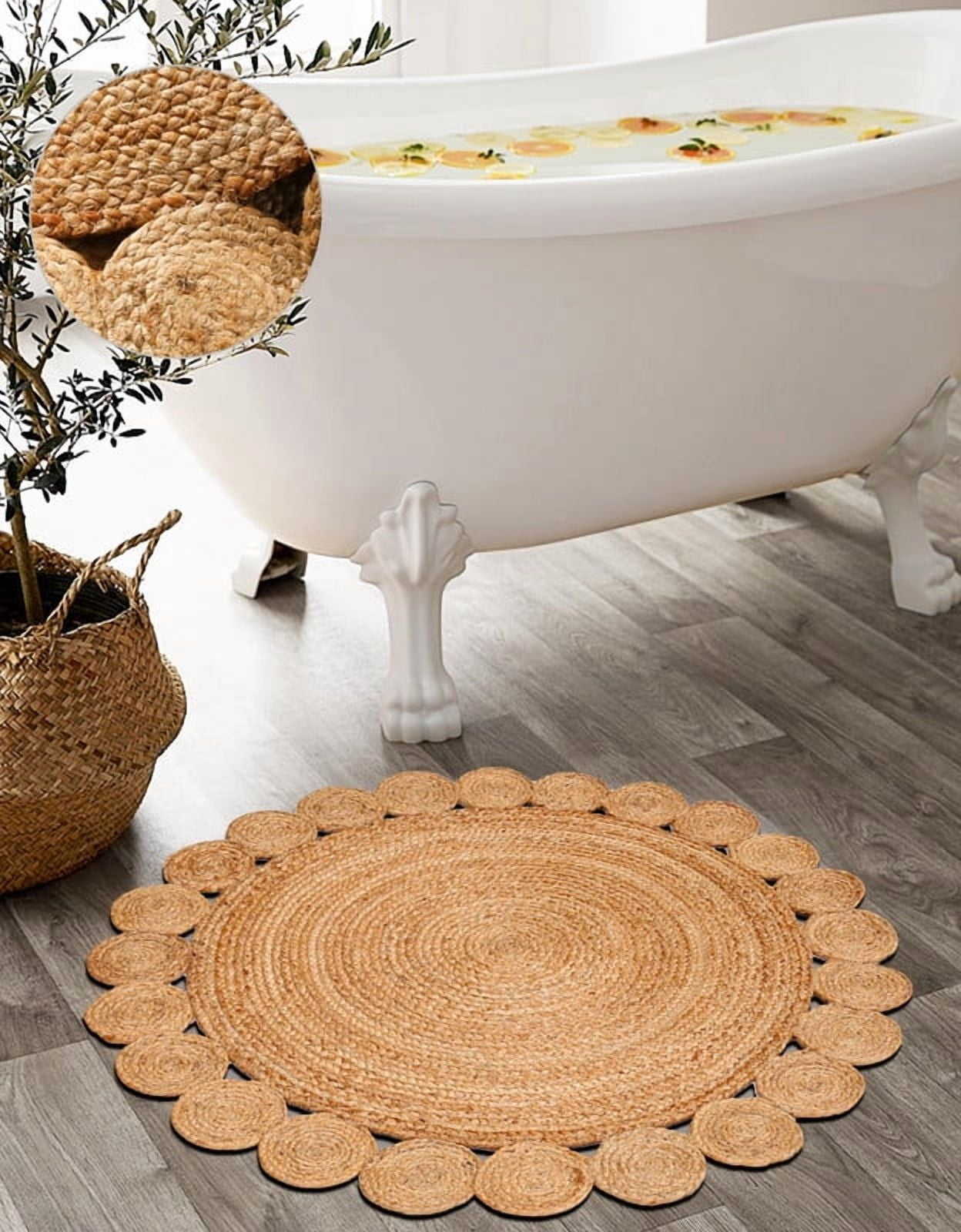 Boho Farmhouse Jute Circle Rug, Reversible Rustic Coastal Area Mat Natural Beige Scalloped, 2 FT