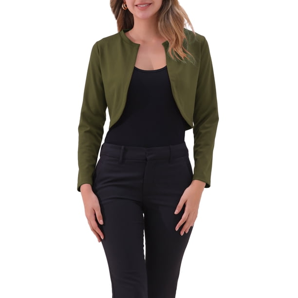 INSPIRAR CHIC Cárdigan Corto de Mujer con Mangas Largas y Cuello Redondo, Ligero, Talla XL, Verde Ejército