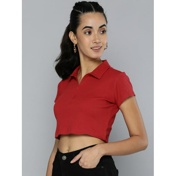 HERE&NOW - By Myntra Casual T-Shirts For Red Collar Short Sleeves Solid Cotton Ready to Wear T-shirt Clothing Zip Closure Top -