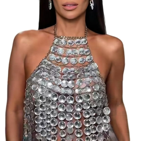 Women Body Jewelry Tassels Chest Chain Layered Acrylic Crystal Halterneck Crop Tanks Top Backless Camisole for Nightclub