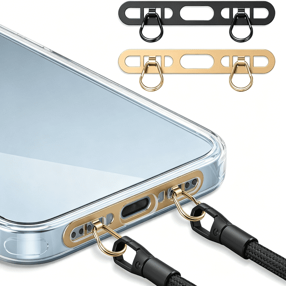 GJX Phone Lanyard Tab,2-Ring Metal Tether Tab for Iphone-Ultra-Thin Stainless Steel Cell Phone Lanyard Patch,No Block Charging Port,Anti-Loss Strap Attachment(Champagne Gold Black)