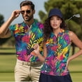 thumbnail image 6 of Pzuqiu Colorful Palm Leaf Couple Matching Outfit Golf Shirts for Men Short Sleeve Dry Fit Print Tops and Womens Zipper Shirt Golf Shirts for Women Collared Sleeveless Sports Shirts, 6 of 8