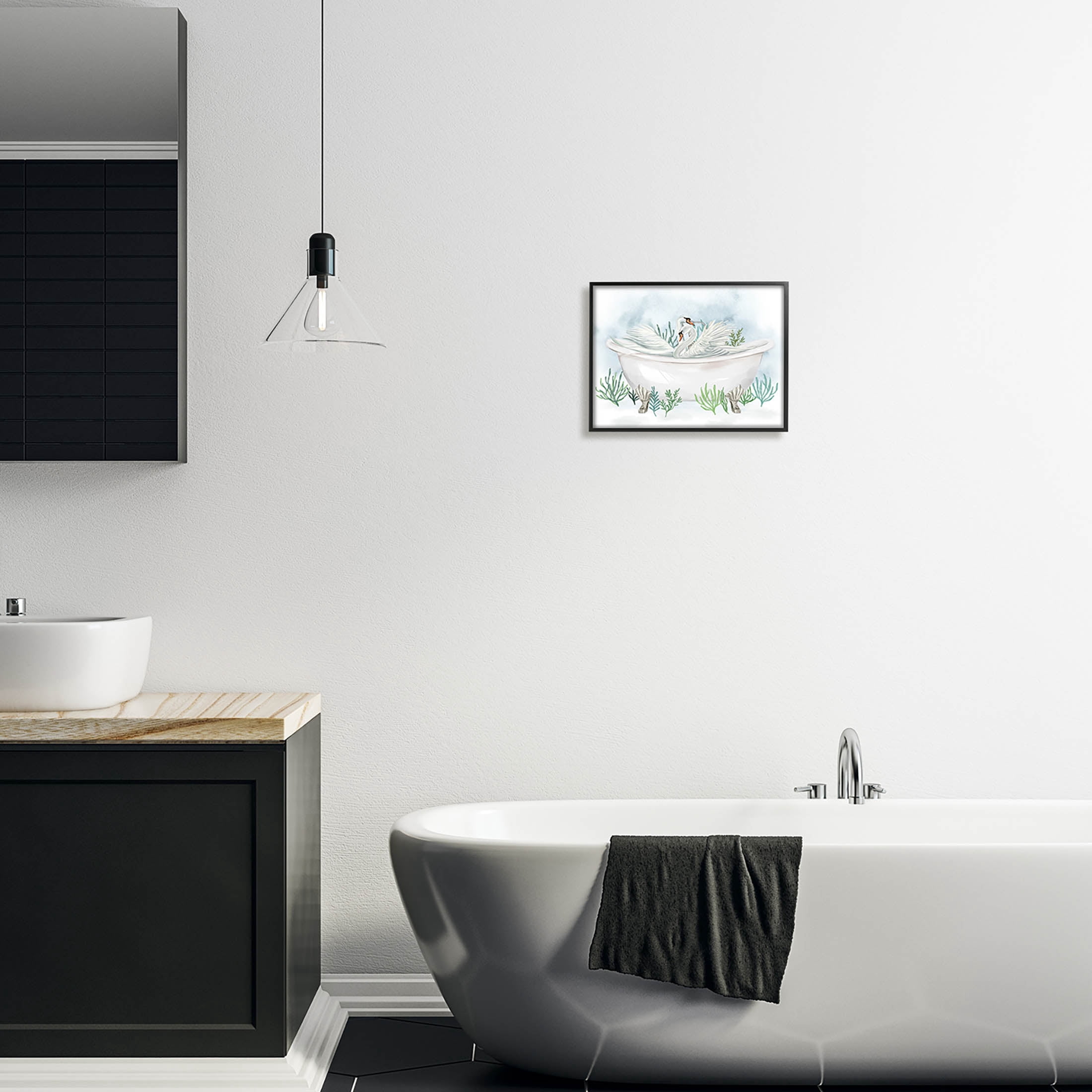 Swan Duo Bathtub Botanicals Animals & Insects Graphic Art Black Framed Art Print Wall Art
