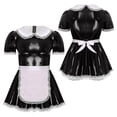 thumbnail image 3 of Vestido de sirvienta Sissy de línea A con encaje y volantes para hombre, de charol, trajes de cosplay, vestido de sirvienta con delantal, cuello de muñeca, mangas abullonadas, 3 of 5