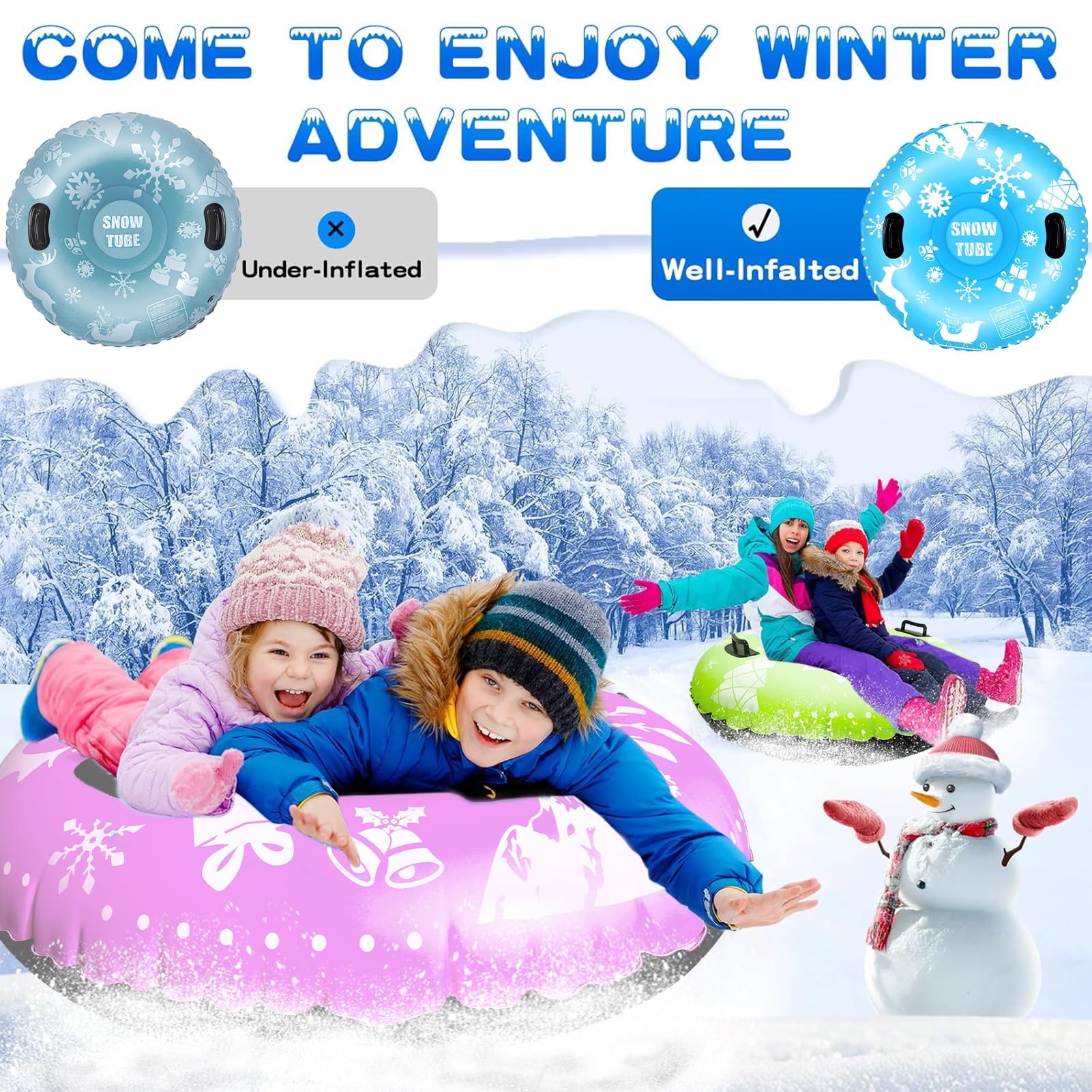 GMZW Snow Tube, 2 Packs for The Whole Family Inflatable Snow Sled for Kids and Adult, Thickened Heavy Duty Hard Bottom Sleds for Snow with Handles, Winter Toys for Outdoor Sledding Snow Tube Sports