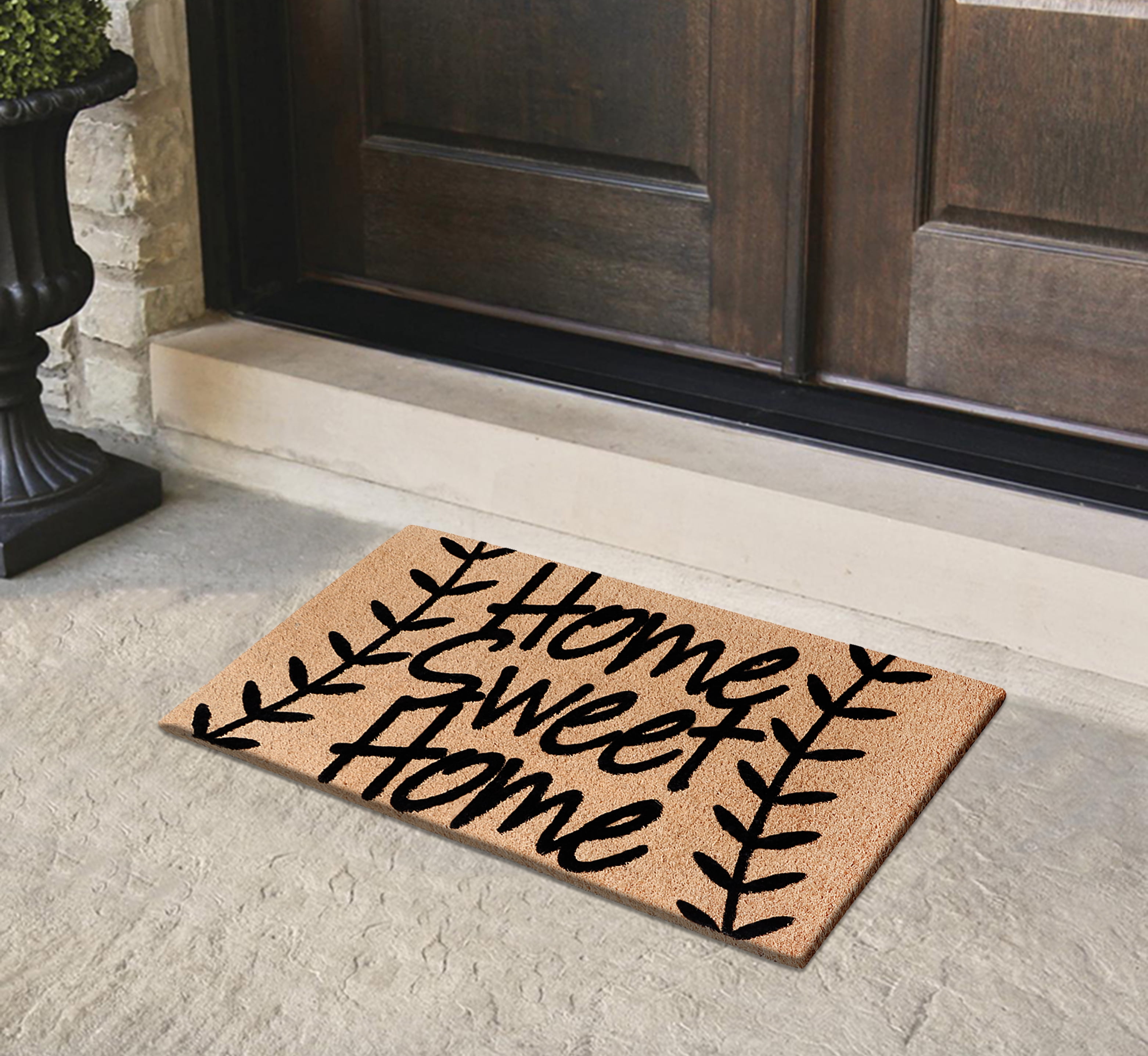 A1HC Natural Coir Flocked Doormat, Leafy Home Sweet Home Black , 24"x36", Durable Outdoor Welcome Mat, Non-Slip, Pet Friendly