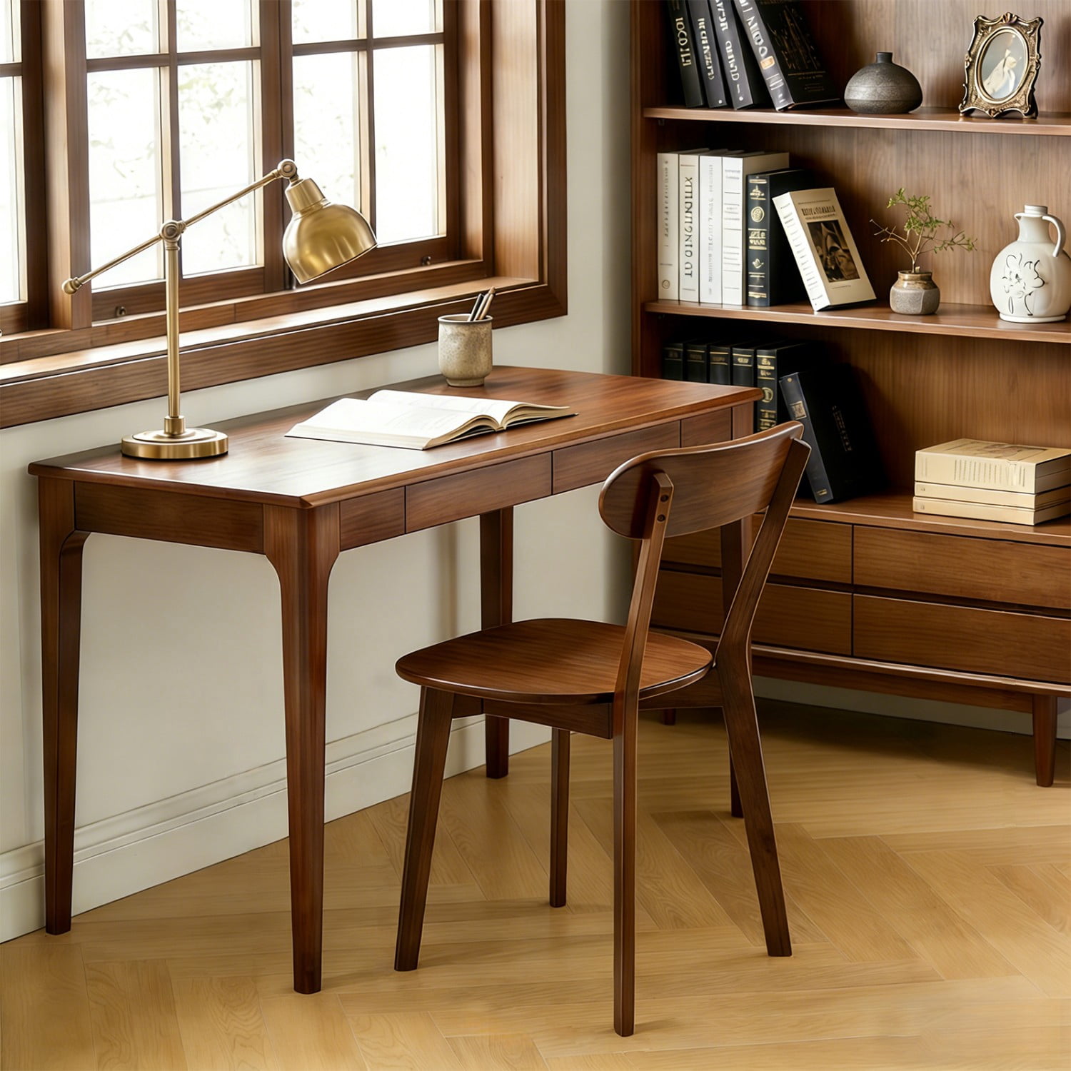 100% Natural Solid Wood Dining Chairs Set of 2 Mid Century Modern Kitchen Chairs with Curved Backrest Adjustable Foot Pads Walnut Dining Room Living Room Study Chairs, Walnut