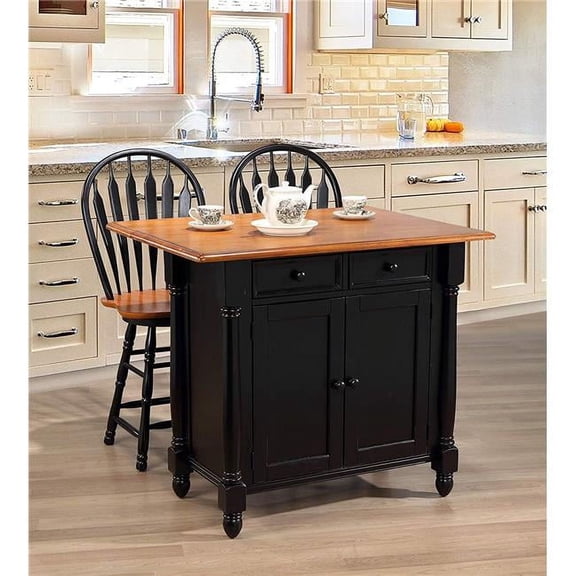 Drop Leaf Kitchen Island Set with 2 Swivel Stools Drawers & Storage - Antique Black with Cherry 3 Piece