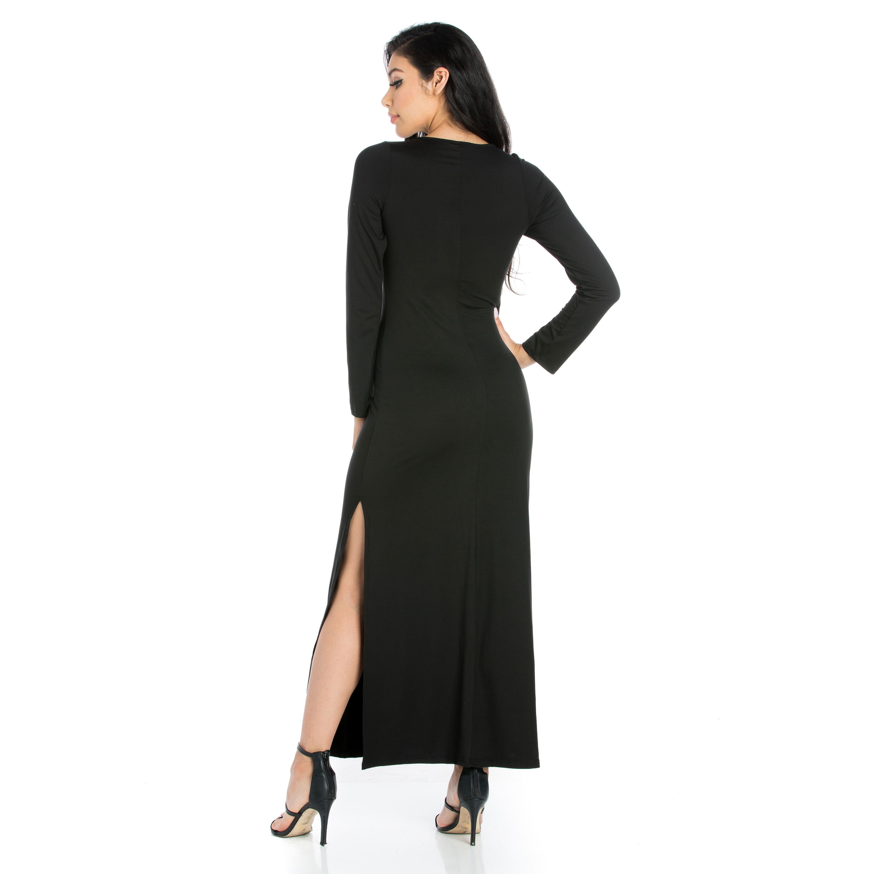 24seven Comfort Apparel Strut It Black Long Sleeve Side Slit Maxi Dress