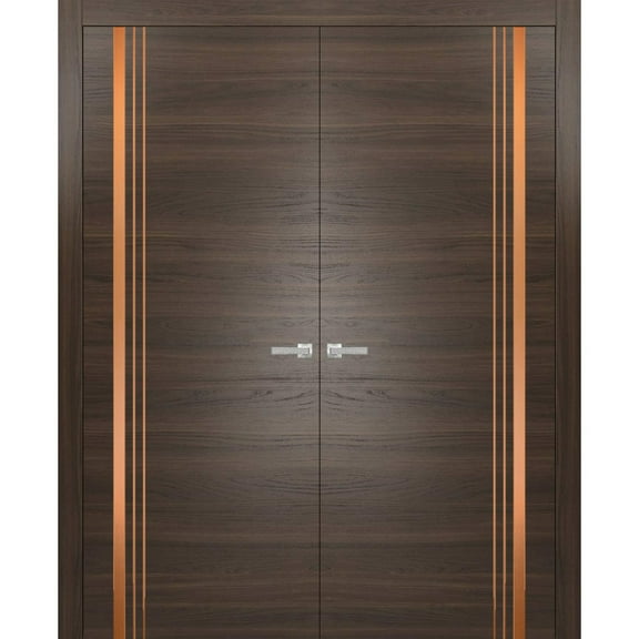 Solid French Double Doors 36 x 80 inches | Planum 1010 Chocolate Ash with Frosted Glass | Wood Solid Panel Frame Trims | Closet Bedroom Sturdy Doors