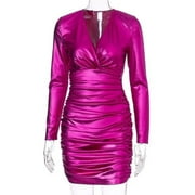 Bodyfab Women Long Sleeve Shiny Metallic Ruched Deep V-Neck Bodycon Mini Dress