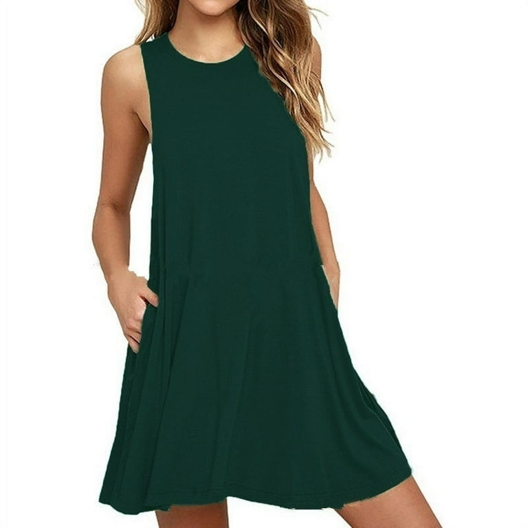 Women Summer Casual Sleeveless Cotton Polyester Dresses Pure Color Pleated  Loose Tank Tops Dress with Pocket - Walmart.com