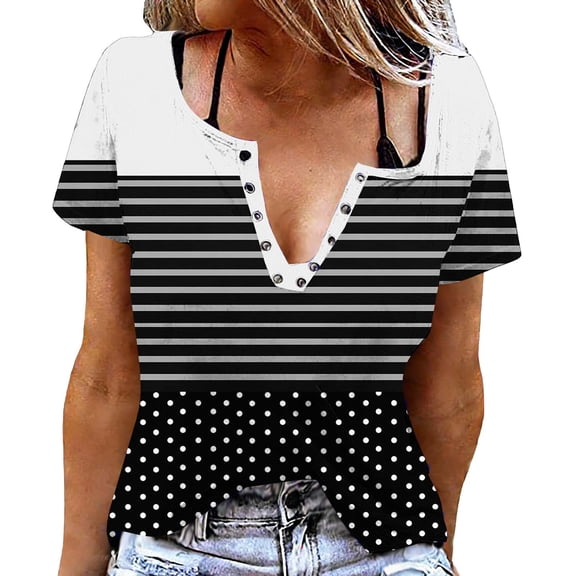FRSASU Short Sleeve Tops for Women Summer V-Neck Loose Versatile Color Block Casual Going Out T-Shirts Black-A
