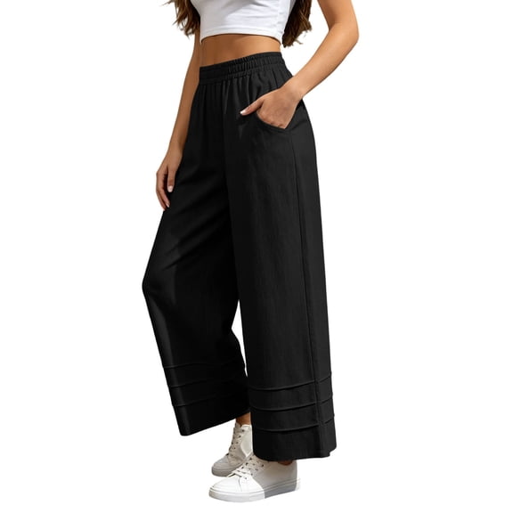 Sevevn Women’s Elastic High-Waisted Tiered Hem Palazzo Pants Flowy Wide Leg Casual Trousers with Side Pockets
