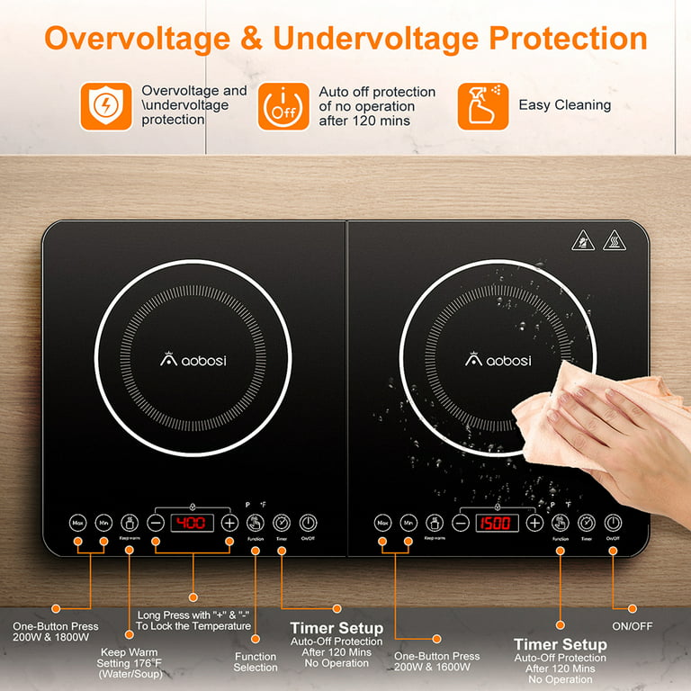 Aobosi Electric Double Induction Cooktop 1800W Portable Ultrathin with  Sensor Touch, 10 Temperature 9 Power Settings 4 Hour Timer, Over-heating  Protection & Child Safety Lock for Kitchen Garden Office 