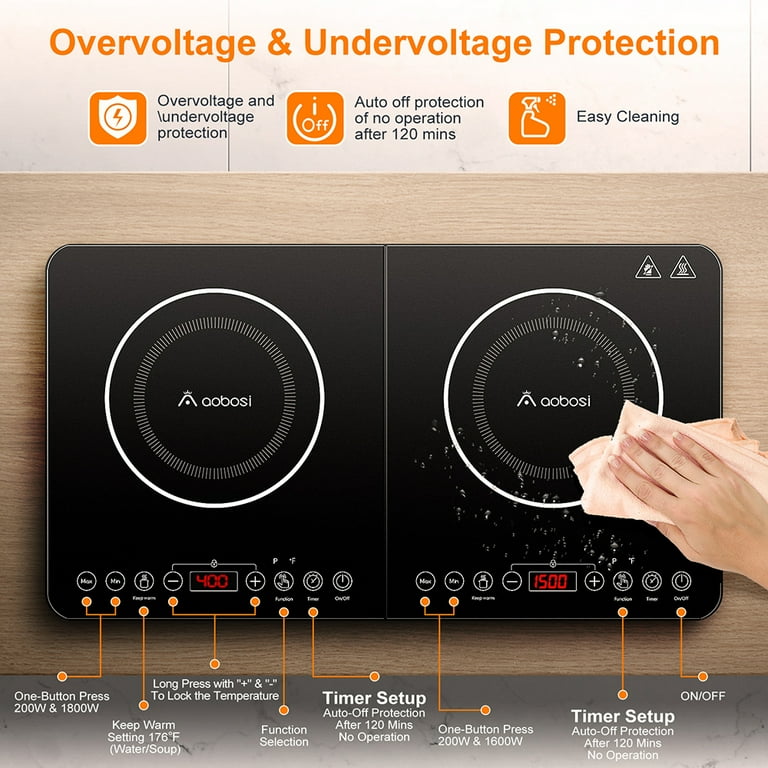 Aobosi Electric Double Induction Cooktop 1800W Portable Ultrathin with Sensor Touch 10 Temperature 9 Power Settings 4 Hour Timer Over heating