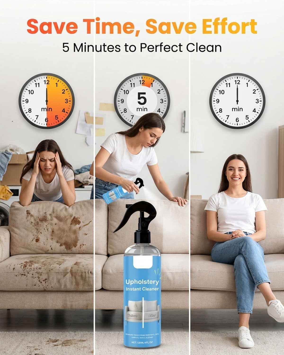 Upholstery Cleaner & Stain Remover, Professional Formula for Couches, Carpet, Car Seats | Pet, Wine, Grease & Odor Eliminator | No Residue, Fast Drying（2pcs）