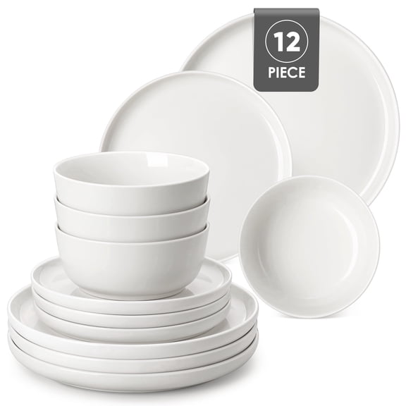 MALACASA Ceramic Dinnerware Set 12-Piece, Service for 4, Plates Bowls Set Dinner Plates Microwave Dishwasher Safe, White, Series MINA