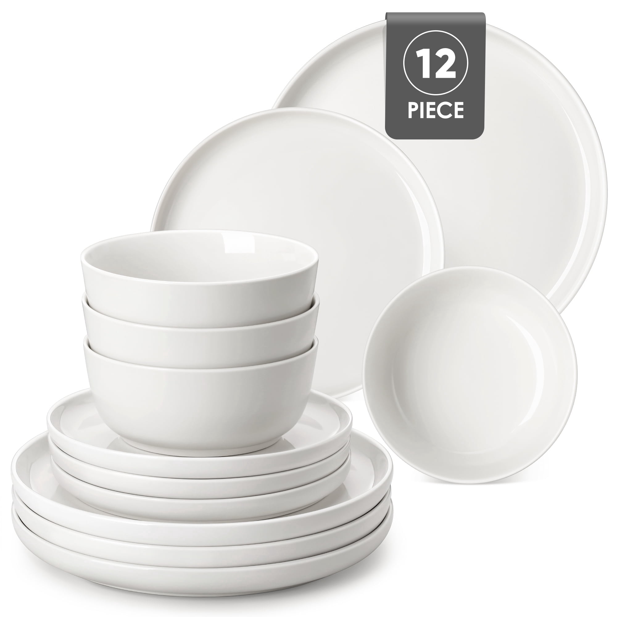 MALACASA Ceramic Dinnerware Set 12-Piece, Service for 4, Plates Bowls Set Dinner Plates Microwave Dishwasher Safe, White, Series MINA
