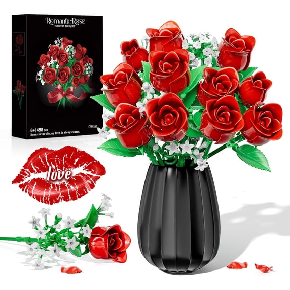 OKKIDY Red Rose Flowers Bouquet Building Kit, Compatible with Lego, 15 ABS Material Artificial Flowers, Forever Rose Toy Valentine's Day Gift for Women Girls Adults Kids 6 , No Vase