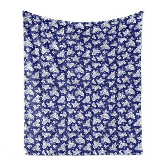 Blue and White Soft Flannel Fleece Blanket, White Silhouettes of Small Flower Bouquets Aloha Style Exotic Corsage Design, Cozy Plush for Indoor and Outdoor Use, 50" x 60", Blue White, by Ambesonne