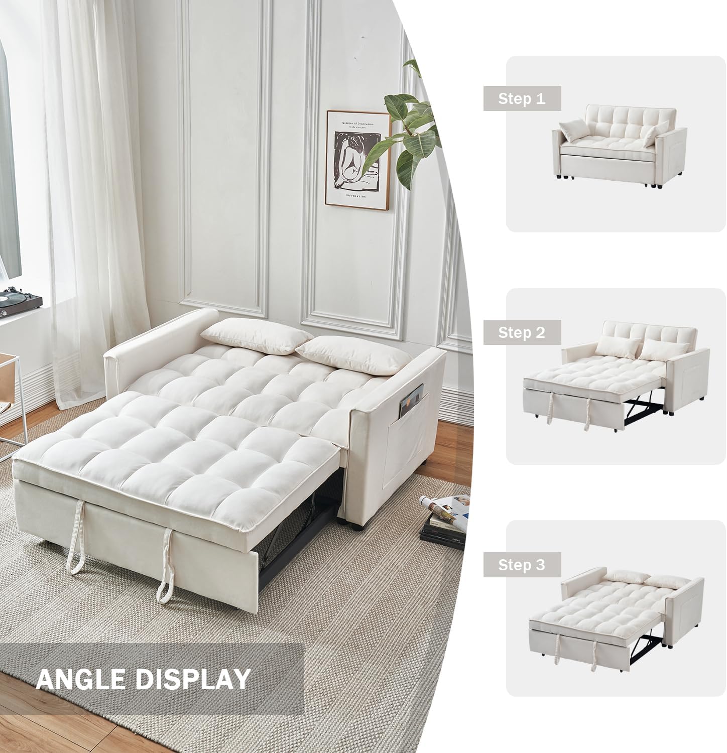 DEALTOPS Convertible Loveseat 55" 3-in-1 Multi-Functional Pull-Out Bed, White Velvet