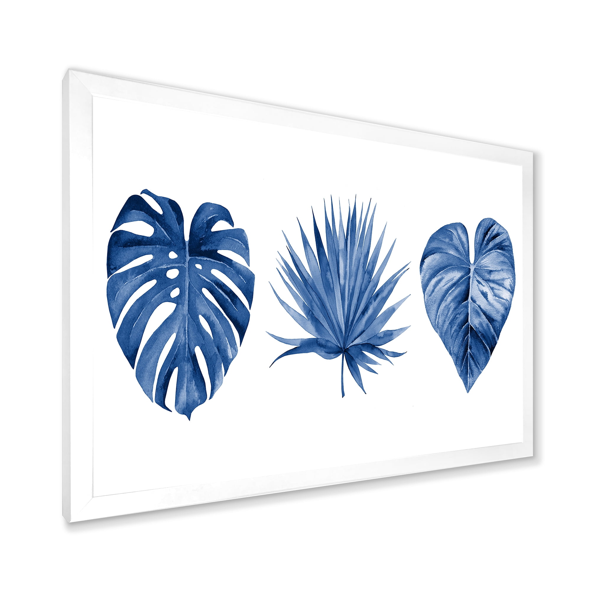 Designart 'Tropical Leaves In Classic Blue ' Tropical Framed Art Print