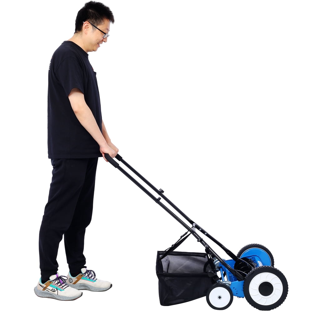 20-Inch 5-Blade Push Reel Lawn Mower with Grass Catcher, 4 Wheels, Blue