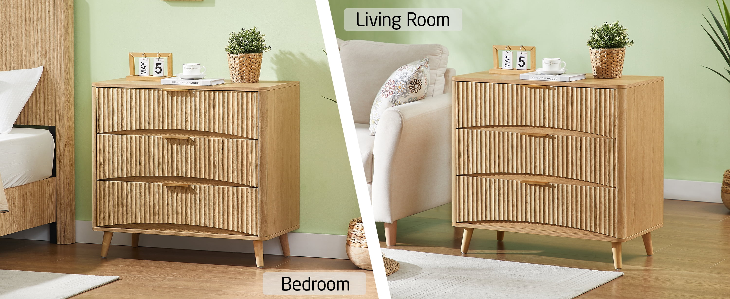 Fluted 3 Drawer Dresser, Modern Tall Chest of Drawers with Vertical Grooved Design, Wood Storage Cabinet with Metal Handles for Bedroom Living Room