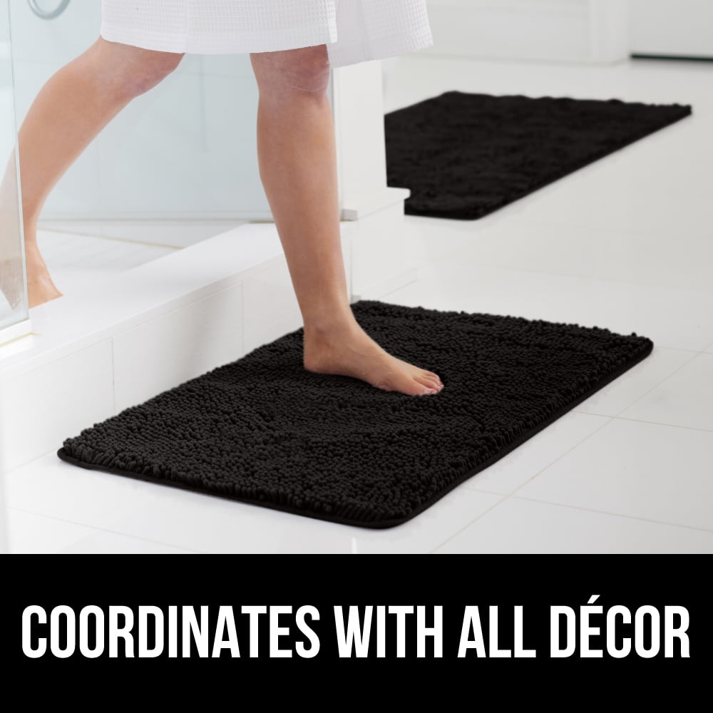 GORILLA GRIP Chenille Bath Rug 24x16, Rubber Backing Quick Dry Washable Microfiber Mats, Black