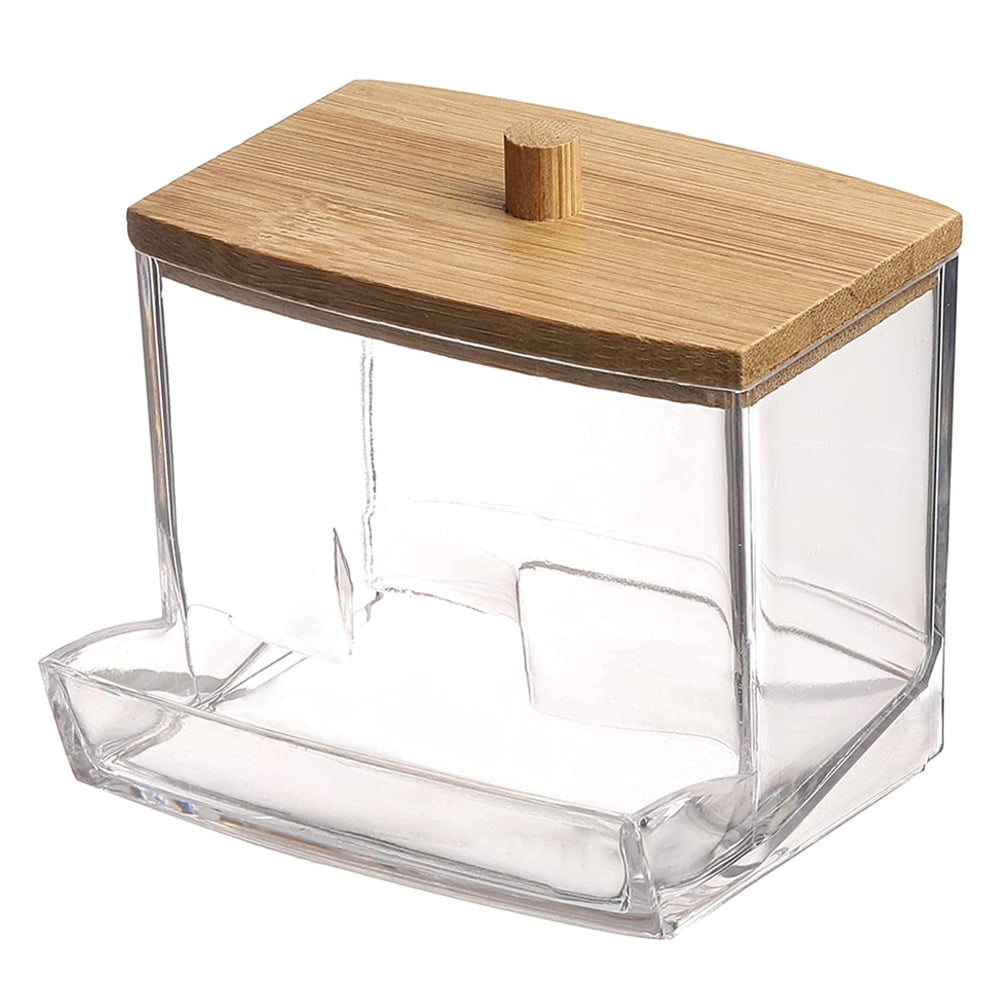 Acrylic Holder with Bamboo Lids for Cotton Swabs, Cotton Pad Dispenser