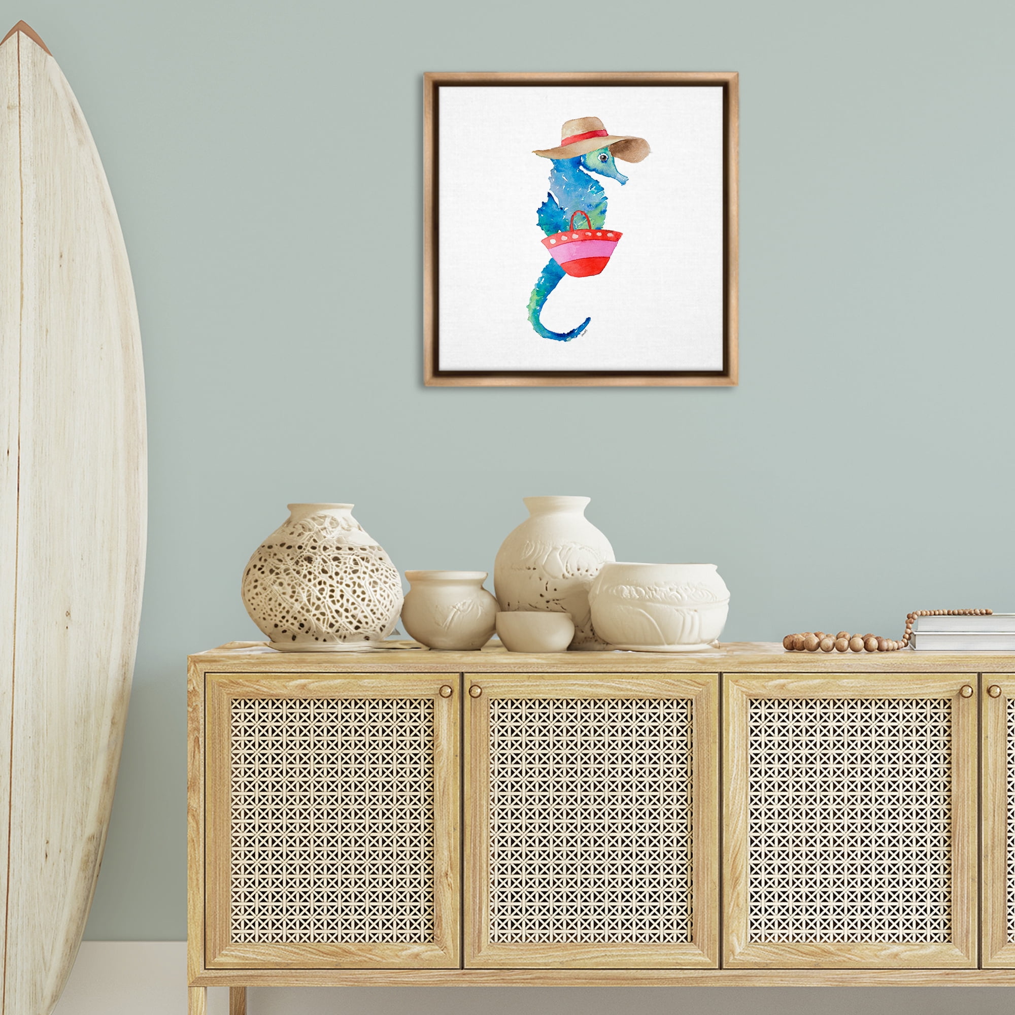Stupell Industries Seahorse in Beach Hat Novelty Painting Brown Floater Framed Canvas Art Print Wall Art, 25 x 25