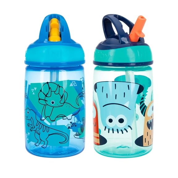 Nuby Flip-it Kids On-The-Go Printed Water Bottle with Bite Proof Hard Straw - 12oz / 360 ml, 18 Months, 2 pk Prints May Vary