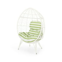 Keondre Indoor Wicker Teardrop Chair with Cushion, White and Green