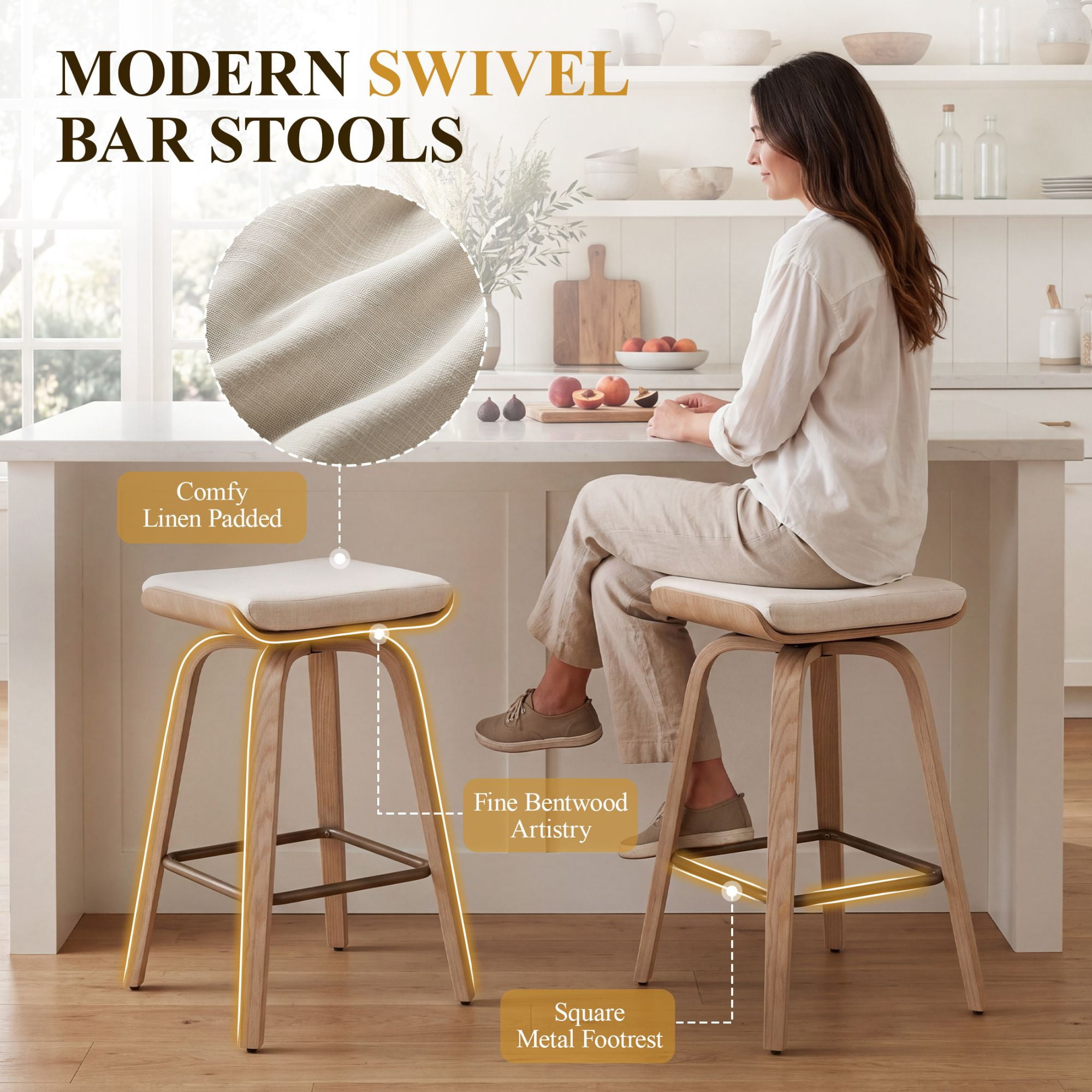 Guyou 26” Swivel Counter Height Bar Stools Without backrest, Upholstered Farmhouse Bar Stools with Footrest for Kitchen Island, Begie-Linen(Set of 2)