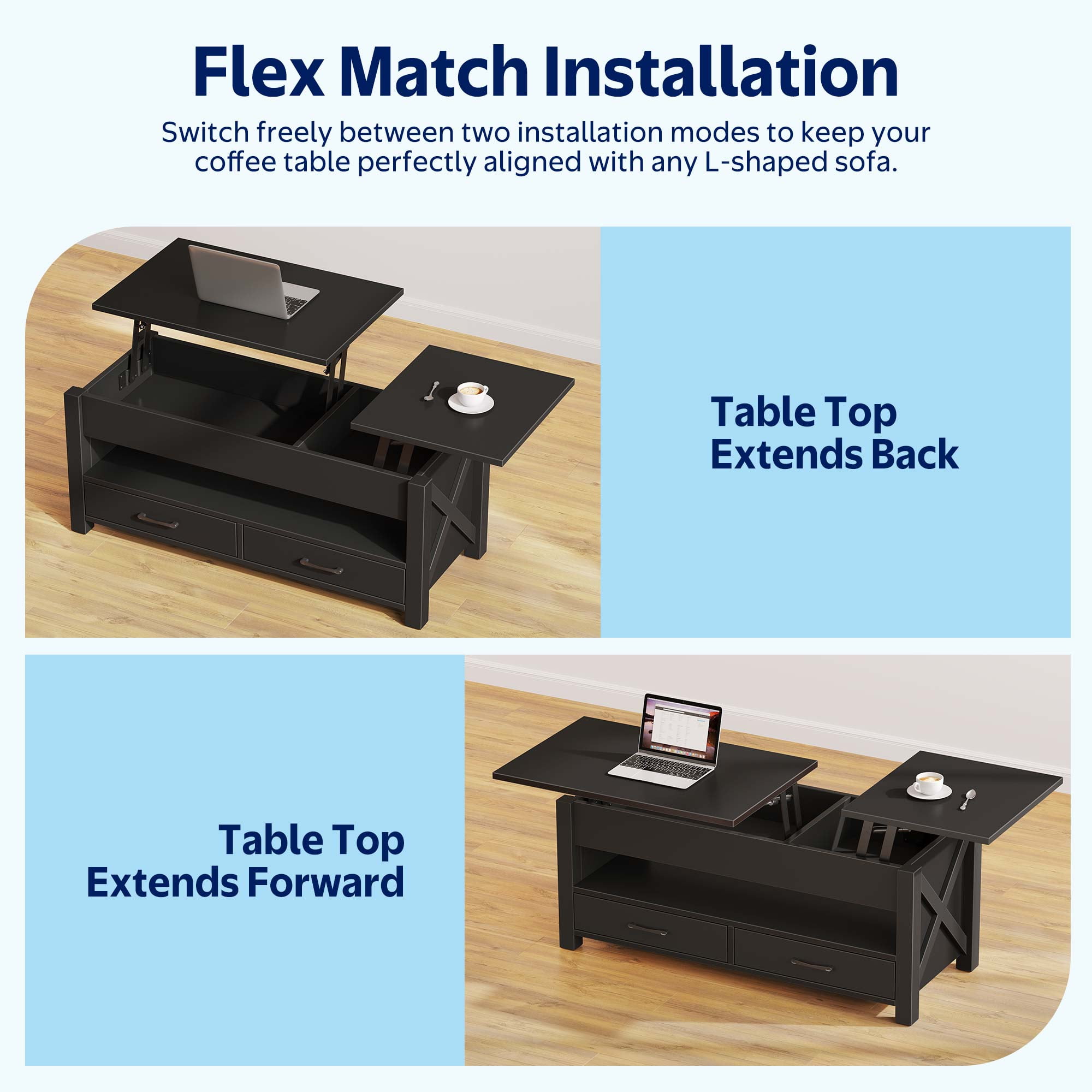 Greenstell Lift-Top Storage Coffee Table - Modern Style with 2 Drawers, Hidden Compartment & Wooden Lift Tabletop - Black - 37"