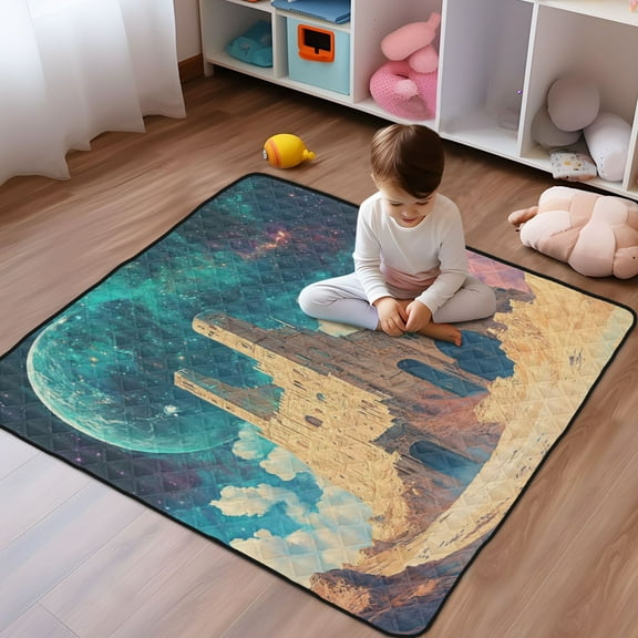 WOBOGO Blue Moon Baby Playmats Extra Large Waterproof Rollable Activity Pads for Toddlers 50×50inch