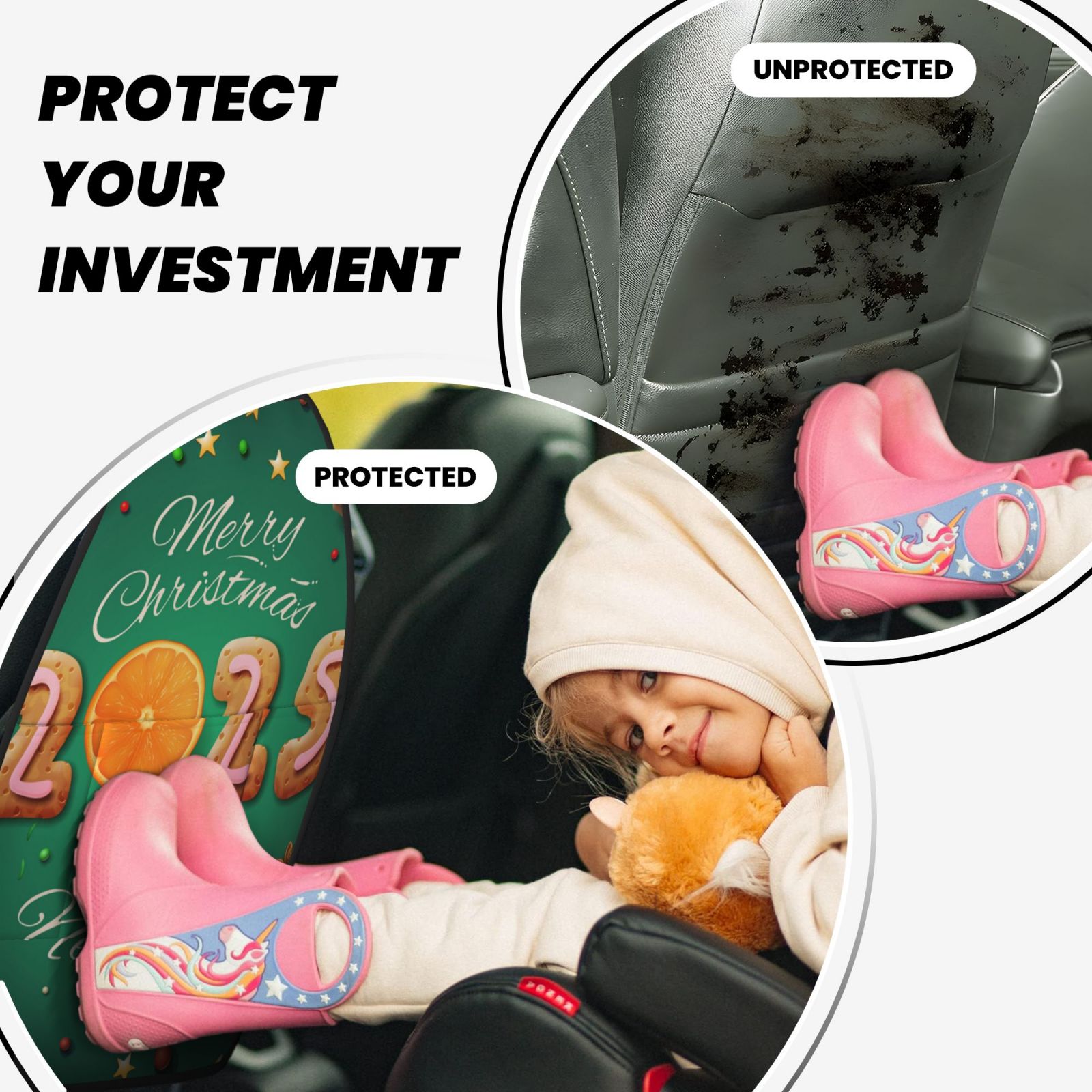 Kdxio Merry Christmas 2025 Print 2 Pack Car Kick Mat Seat Cover Back Protector Mat with Pockets for Organizer Backseat Protector and Storage Anti Kick Pad for Vehicles