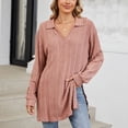 thumbnail image 2 of XFLWAM Long Sleeve Shirts for Women Lightweight V Neck Tunic Tops Ribbed Knit Loose Fit Fall Sweatshirt Casual Side Slit Pullover Shirts Watermelon Red S, 2 of 8
