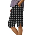 thumbnail image 2 of Makaor Womens Long Shorts with Pockets Button Mid Waist Straight Leg Long Short Elastic Waist Plaid Baggy Summer Outfits Black M, 2 of 5