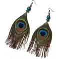 thumbnail image 1 of Granjero Gordo Pendientes colgantes de plumas nativas vintage de lujo hechos a mano para mujer, pendientes largos de gancho estilo bohemio con diseño de pavo real, 1 of 5